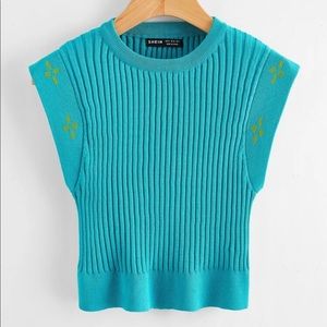 SHEIN Teal Ribbed Crop Top with Printed Sleeves